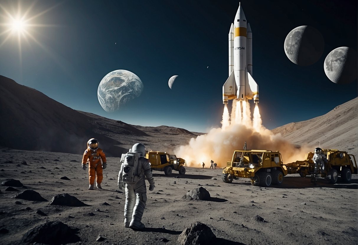 A rocket ship lands on the moon's surface, with a lunar base in the background. A group of tourists in space suits explores the rocky terrain, marveling at Earth in the distance