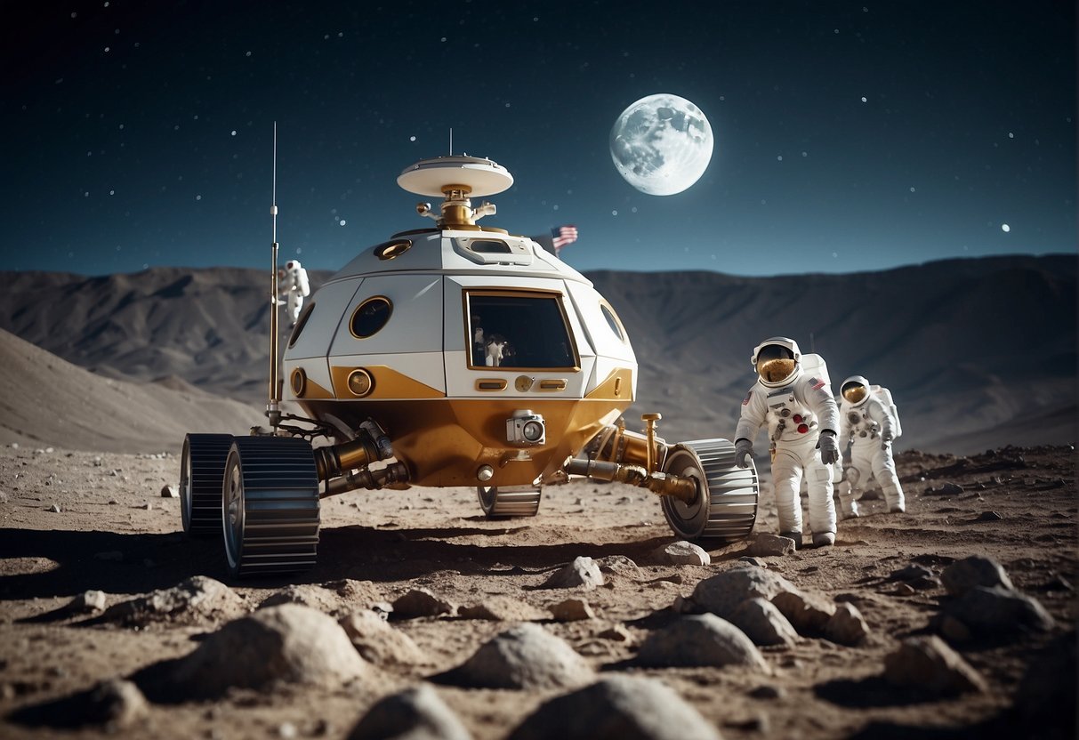 Moon base with domed structures, lunar rover exploring crater, tourists in space suits hiking, and astronauts conducting research