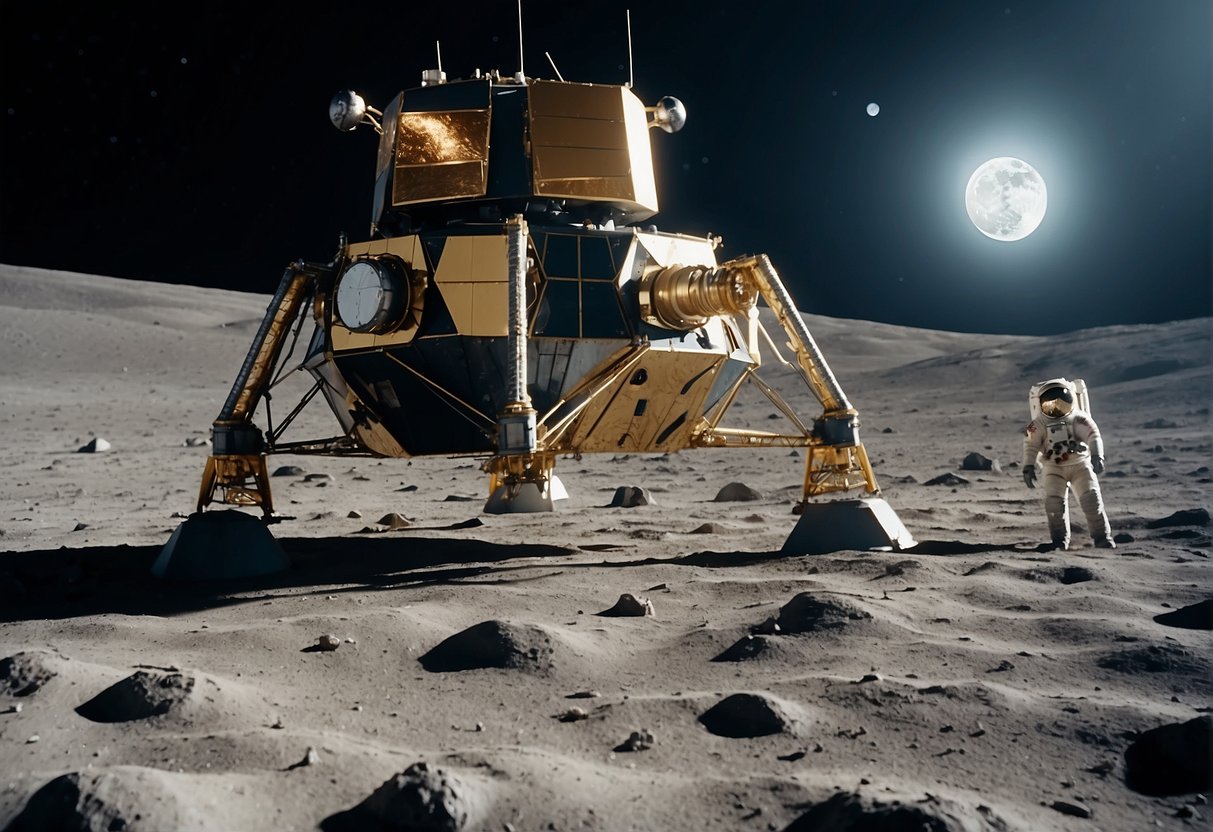 A lunar module lands on the moon's surface, with Earth visible in the distance. Tourists in space suits explore the lunar landscape, while a futuristic hotel stands nearby