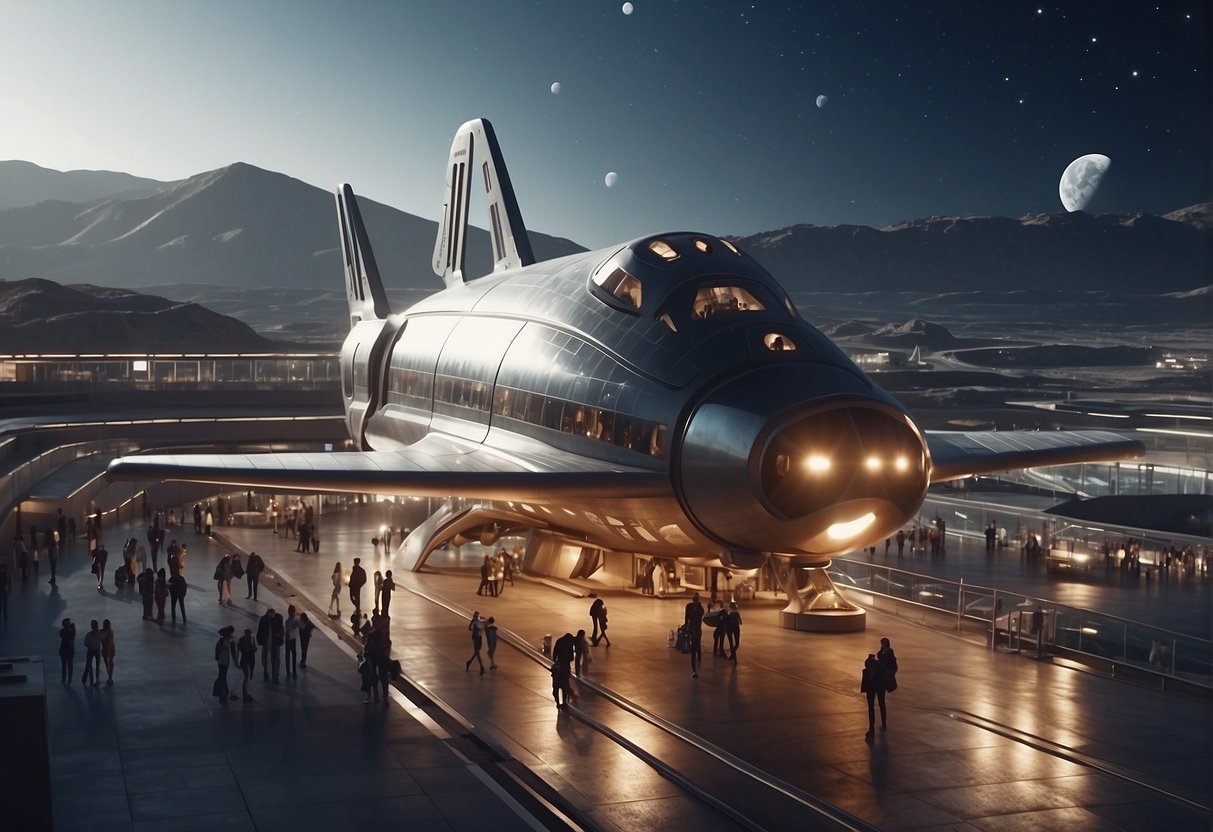 A lunar shuttle docks at a bustling spaceport, with tourists disembarking onto the lunar surface. A futuristic cityscape looms in the distance, showcasing the potential of lunar tourism