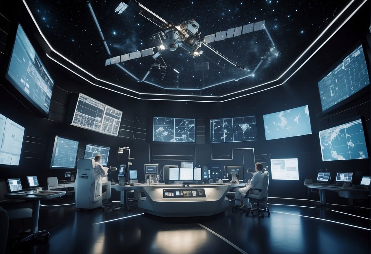 Space Exploration's Role in Advancing Telemedicine:  A satellite beams data to a remote medical facility, connecting doctors with patients in space