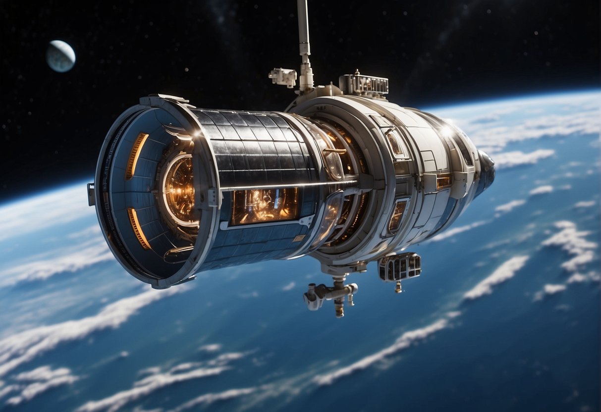 A space capsule floats above Earth, transmitting medical data to a telemedicine center. Scientists analyze the information, advancing space medicine research