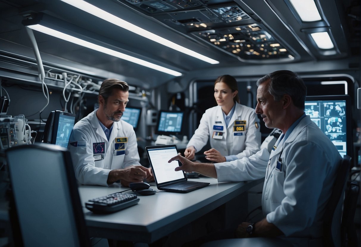 A team of astronauts and medical professionals work together in a space station, using advanced technology to provide telemedicine services to remote areas on Earth