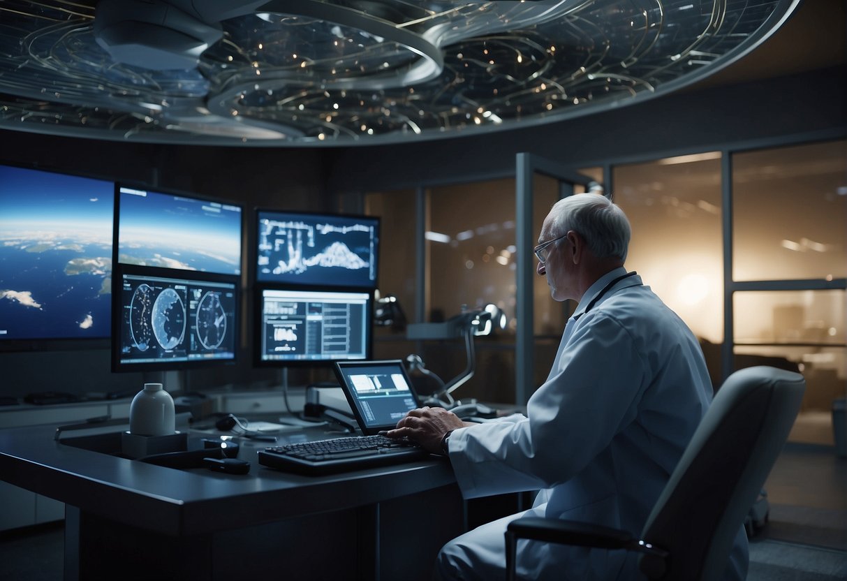 A satellite orbits Earth, beaming data to a telemedicine hub. A doctor examines a patient remotely, aided by advanced technology