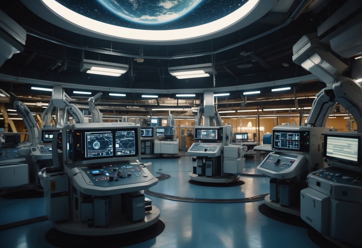 A space station orbits Earth, with a large manufacturing facility visible through its windows, surrounded by robotic arms and machines working on various tasks