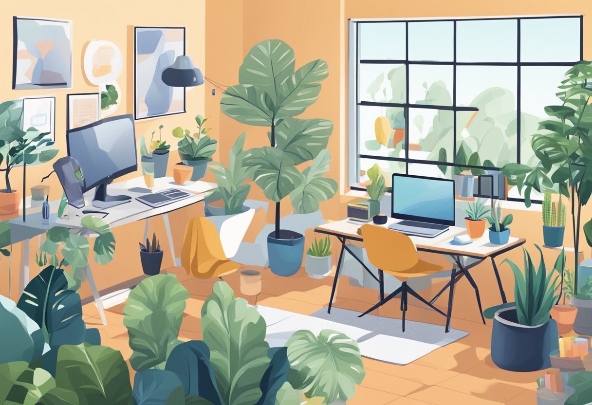 Various professionals working from home office: a computer, desk, chair, phone, and plants in a bright, organized space