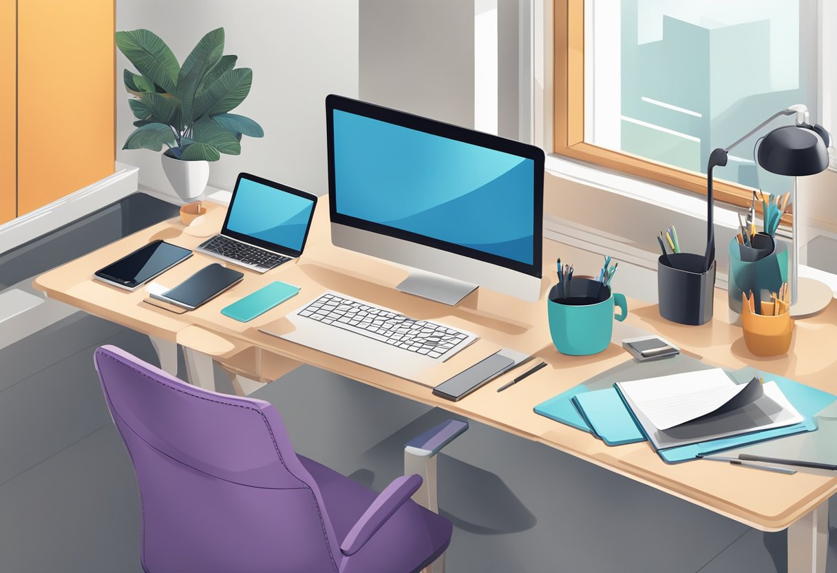 A laptop, phone, and tablet on a desk with a comfortable chair, surrounded by a modern and organized home office setup