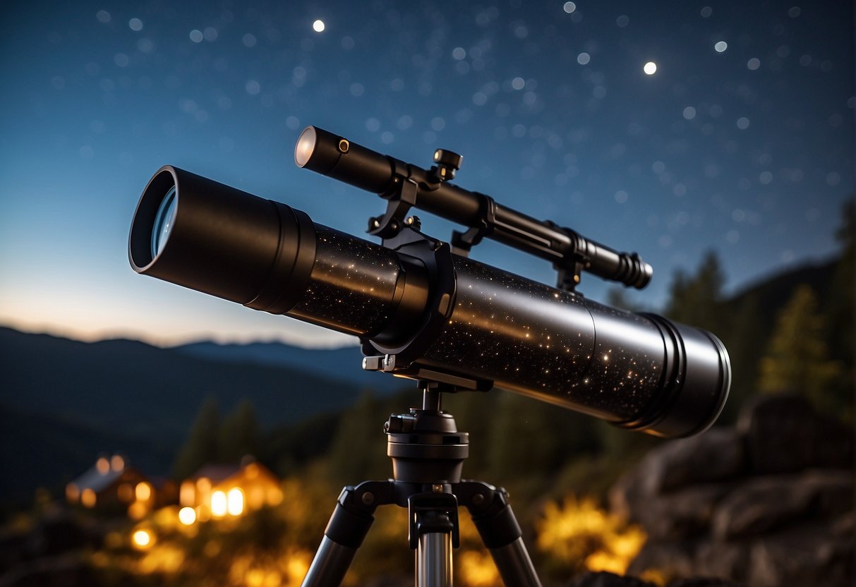 The Art of Capturing Cosmic Events: A telescope pointed towards the night sky, capturing a comet streaking across the stars, with a camera mounted for long exposure photography