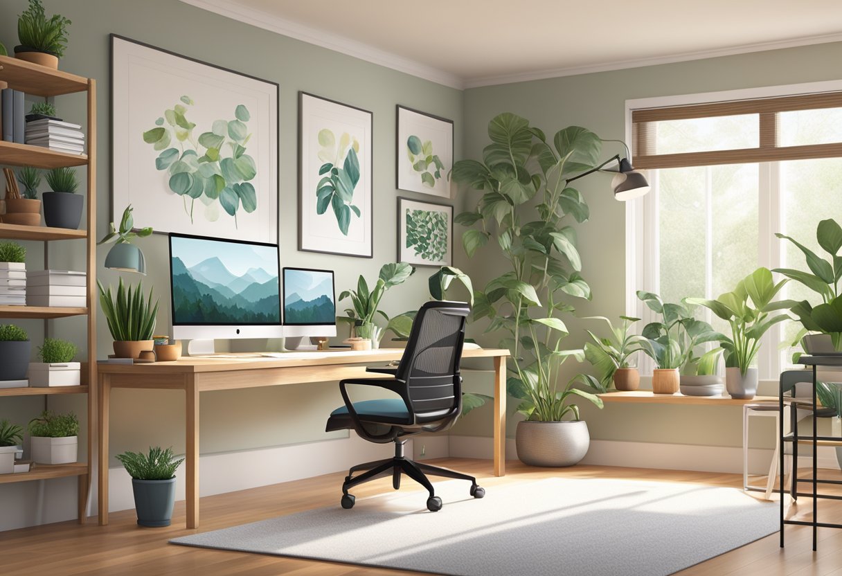 An organized home office with a desk, computer, and ergonomic chair. Natural light fills the room, and plants add a touch of greenery to the space