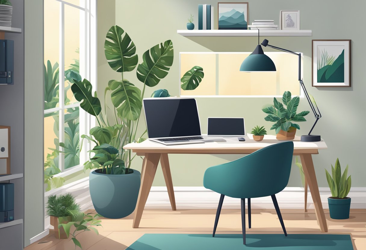 A modern home office with a computer, desk, chair, and plants