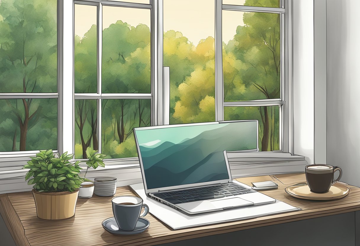 A desk with a laptop, notebook, pen, and coffee mug. A window shows trees outside