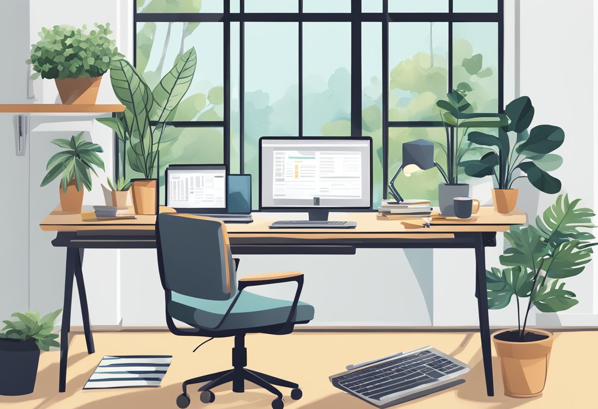 Branch-specific home office jobs: computer, phone, and paperwork on a desk with a comfortable chair, a plant, and a window with natural light