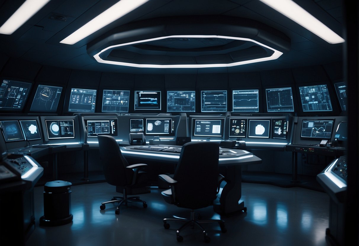 A spacecraft hibernation pod with glowing status indicators, surrounded by complex machinery and computer consoles in a dimly lit control room