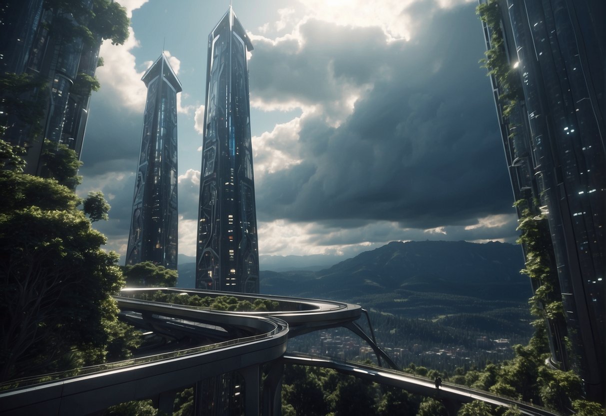 Space Elevator Projects: A towering space elevator rises from Earth, its sleek design reaching into the heavens. A futuristic cityscape surrounds the base, showcasing advanced technology and bustling activity