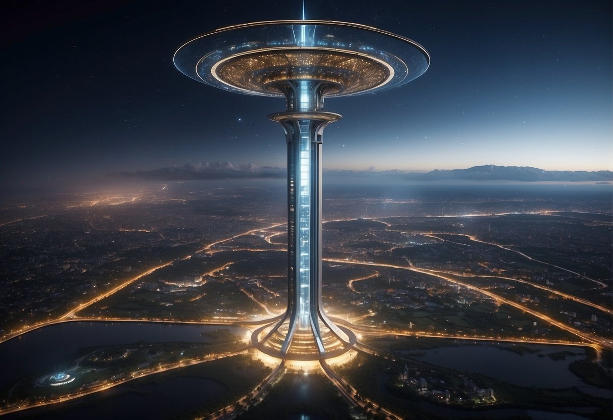 A towering space elevator rises from a bustling city, connecting to a futuristic spaceport in the sky. A network of support structures and transportation systems surrounds the base, showcasing the economic viability and infrastructure of the ambitious project