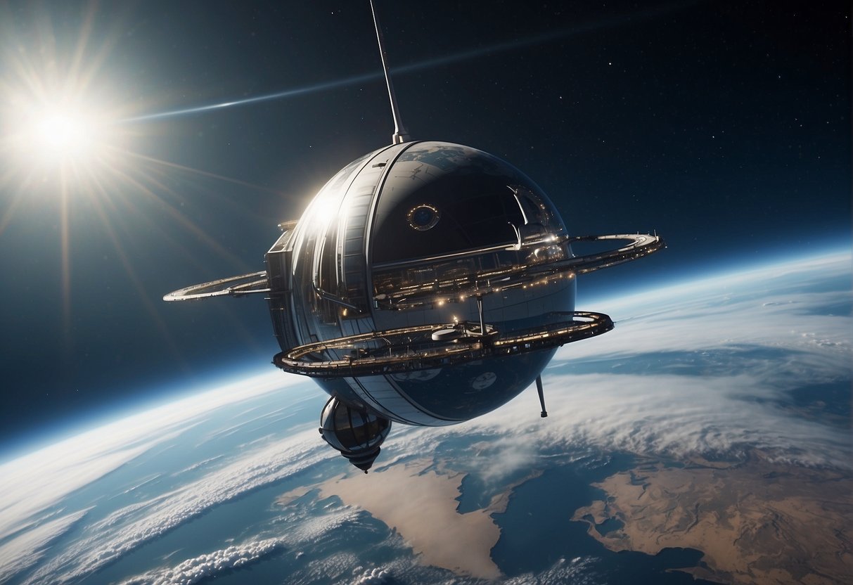 A space elevator rises from Earth's surface, stretching into the vastness of space, with a futuristic spacecraft ascending along its tether, symbolizing the journey from concept to reality in space transportation
