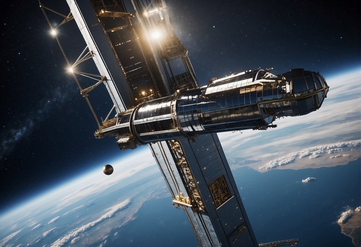 A space elevator rises from Earth, connecting to a platform in the sky. Satellites orbit above, while engineers work on the structure's development