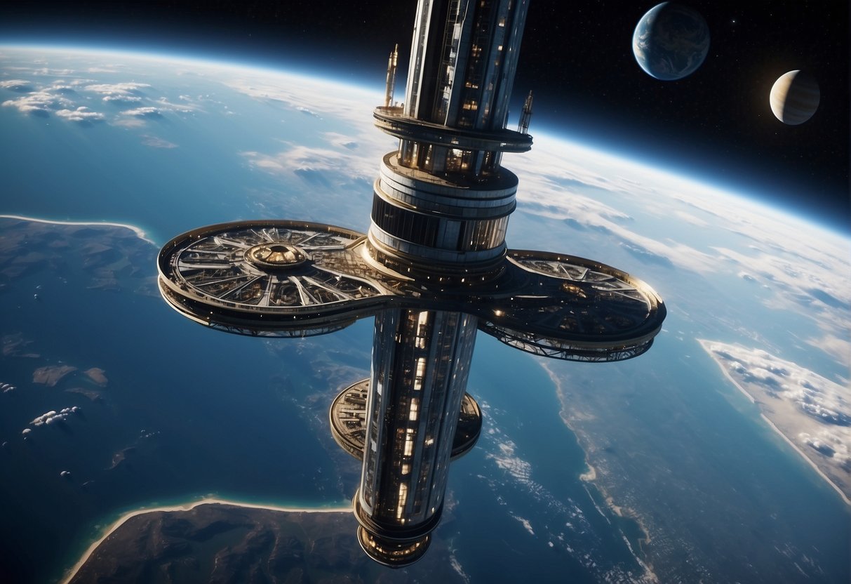 A towering space elevator rises from Earth, its sleek design reaching towards the stars. Satellites orbit above, while engineers work diligently below
