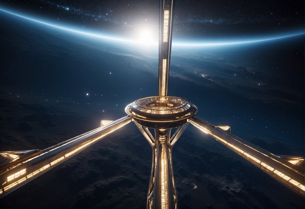 A space elevator stretches from Earth to space, with a futuristic design and advanced technology. The elevator is surrounded by a backdrop of stars and planets, showcasing the journey from concept to reality