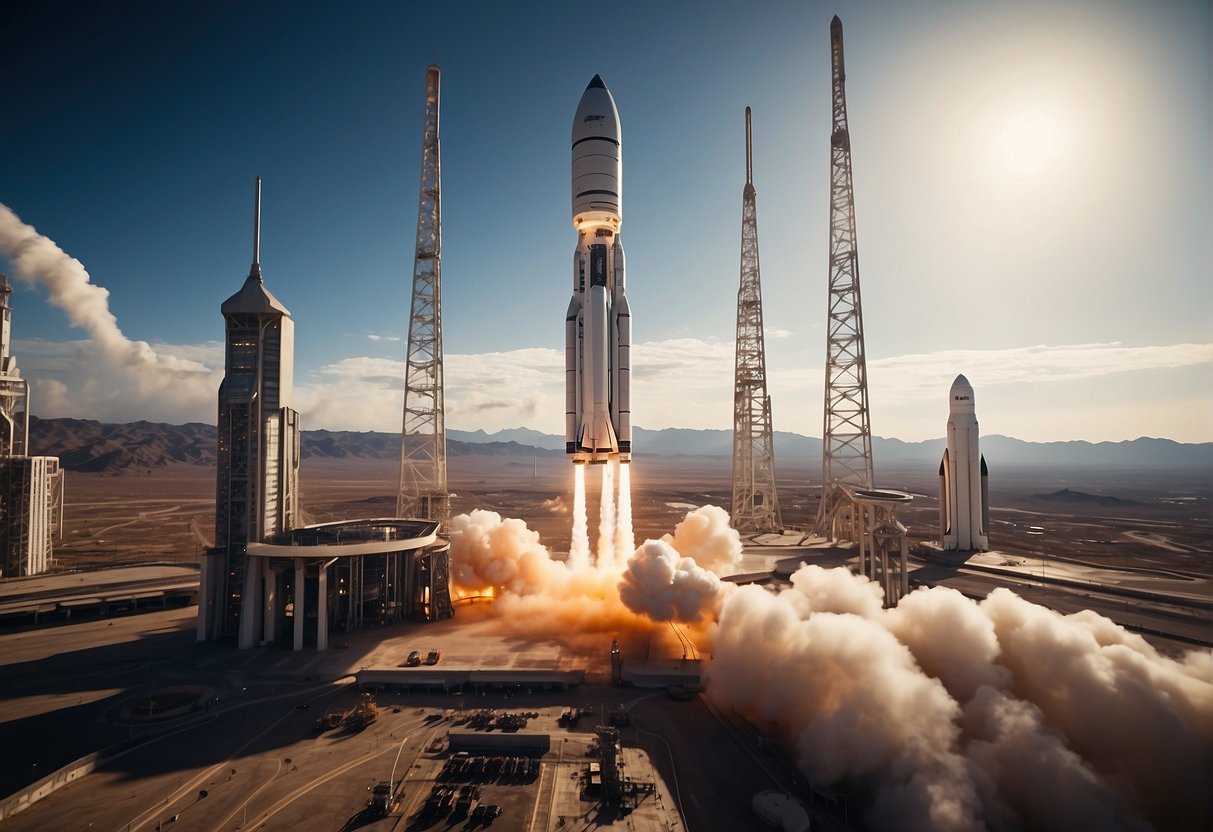 The Future of Space Agencies - A sleek rocket launches from a futuristic spaceport, surrounded by bustling activity and advanced technology. A network of private space agencies operates alongside traditional government organizations, symbolizing the shift towards privatized exploration