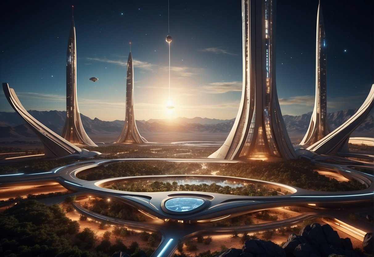 A futuristic spaceport with sleek, advanced spacecraft launching into the cosmos, surrounded by cutting-edge infrastructure and technological innovations