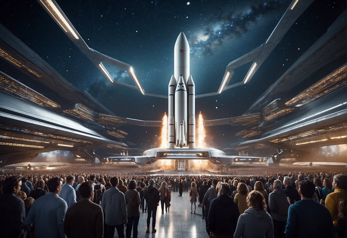 Space agencies and private companies collaborate in a futuristic spaceport. Rockets and spacecraft are being prepared for launch. A crowd of onlookers watches in awe as the next frontier of space exploration unfolds