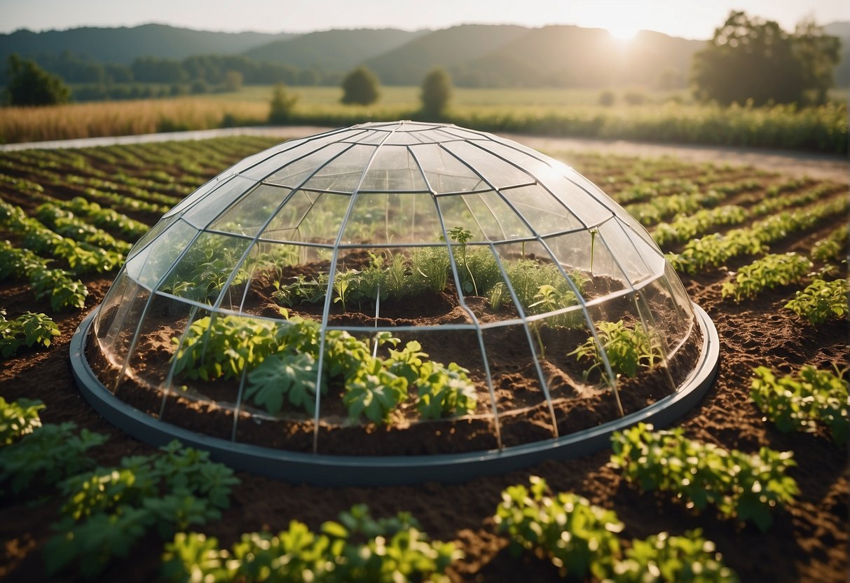 Orbital Greenhouses : A large, transparent dome structure floats in space, filled with rows of vibrant green plants growing in nutrient-rich soil. Sunlight filters through the panels, providing natural light for the thriving crops