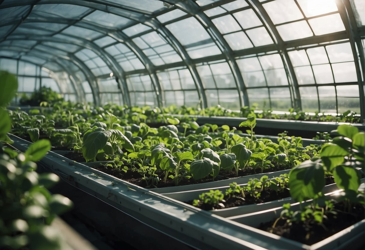 A large, transparent orbital greenhouse floats in space, filled with lush green plants and advanced hydroponic systems. Sunlight filters through the panels, illuminating the futuristic agricultural technology within