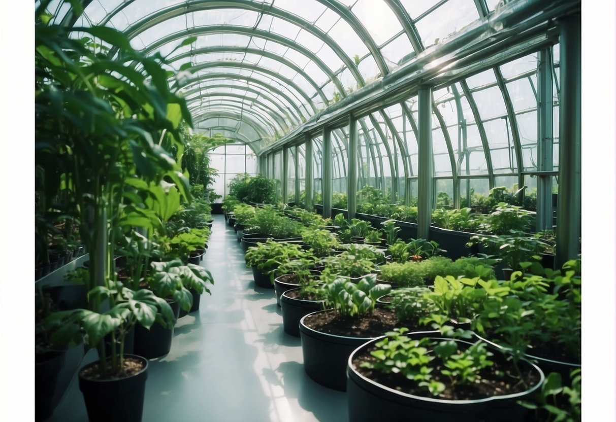 Lush green plants thrive in a futuristic orbital greenhouse, surrounded by advanced technology and glowing with the promise of sustainable space agriculture