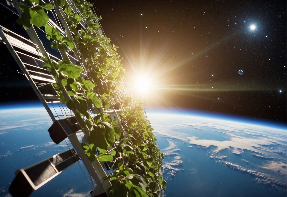 Orbital greenhouse orbiting Earth, plants thriving in zero gravity, solar panels harnessing energy, astronauts tending crops, Earth in the background