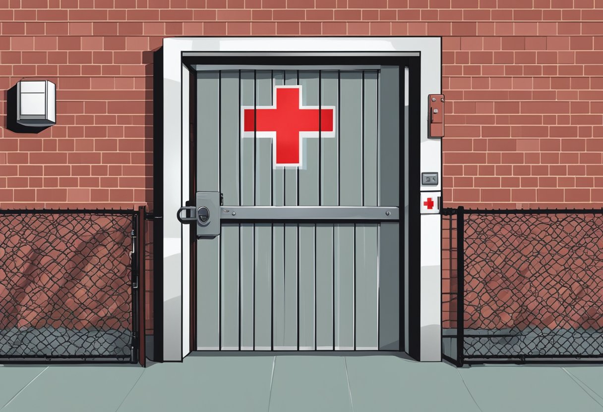 A door labeled "Involuntary Admission" with a red cross above it, surrounded by a chain-link fence and a sense of confinement