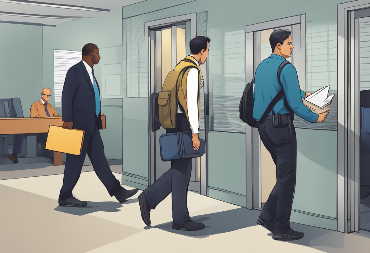 A person being escorted into a facility by authorities, while paperwork and legal documents are being exchanged and reviewed