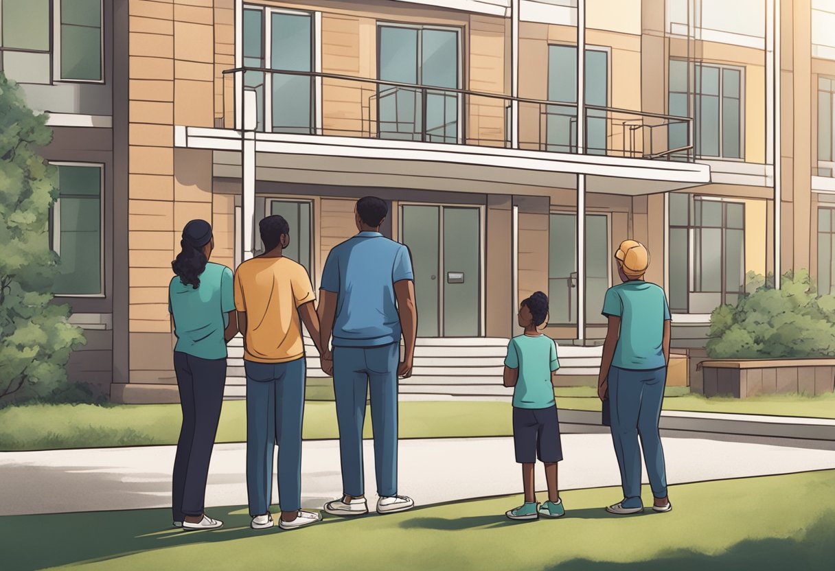 A family and society standing outside a mental health facility, discussing involuntary hospitalization under the law