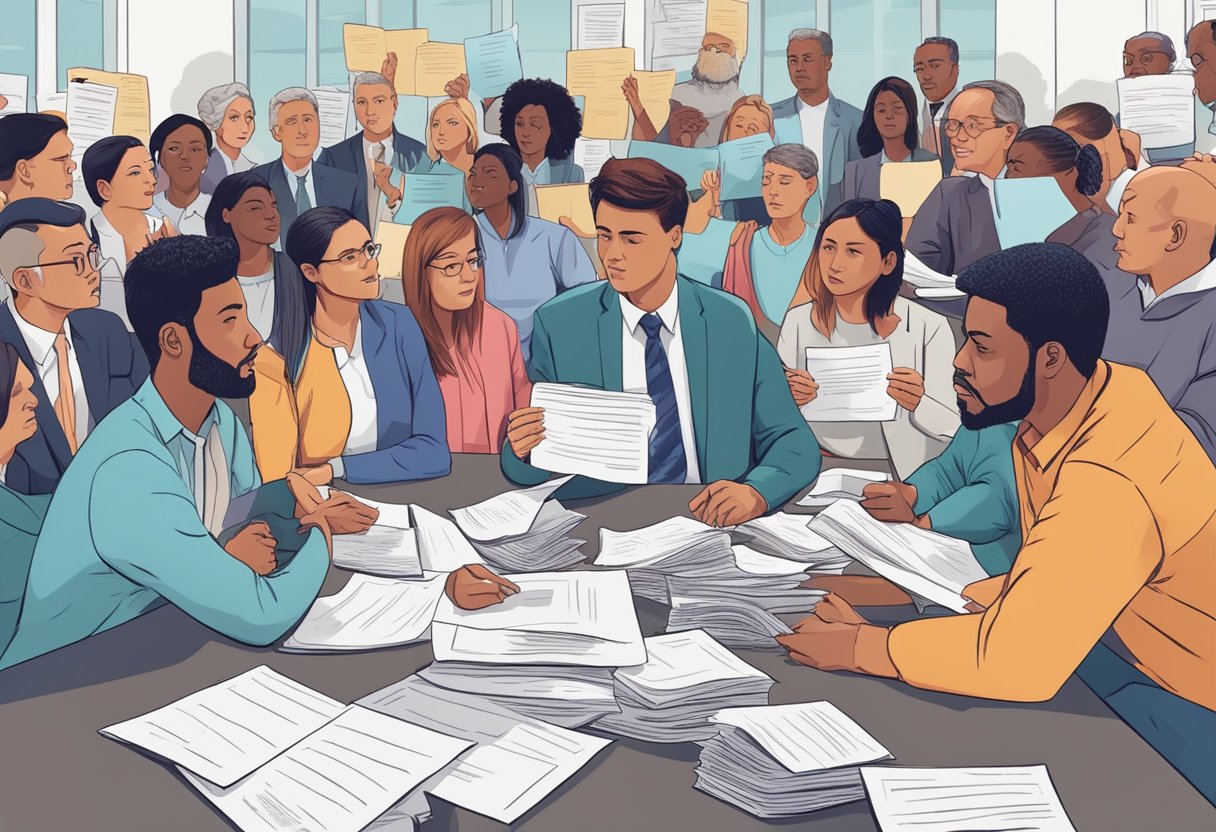 A group of people engaged in heated discussions about involuntary hospitalization, surrounded by legal documents and protest signs