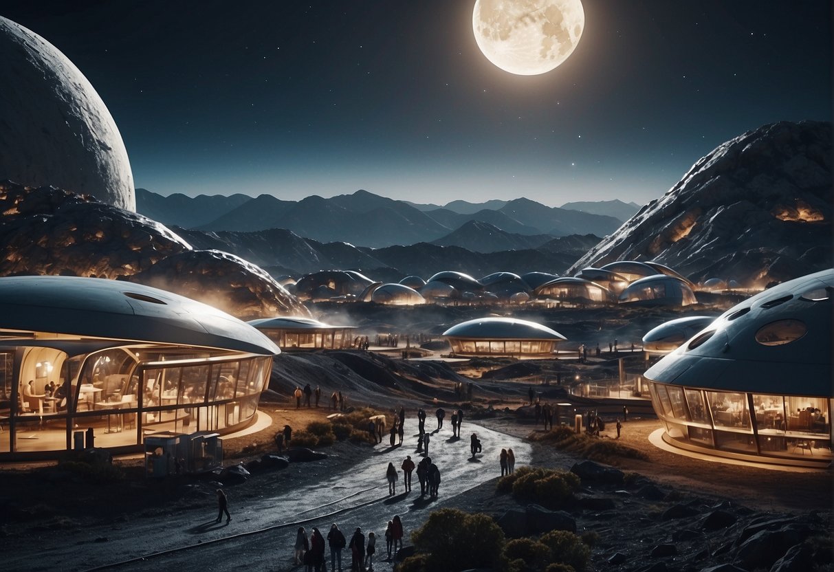 A lunar landscape with futuristic infrastructure and bustling activity, showcasing the economic and cultural impact of returning to the moon