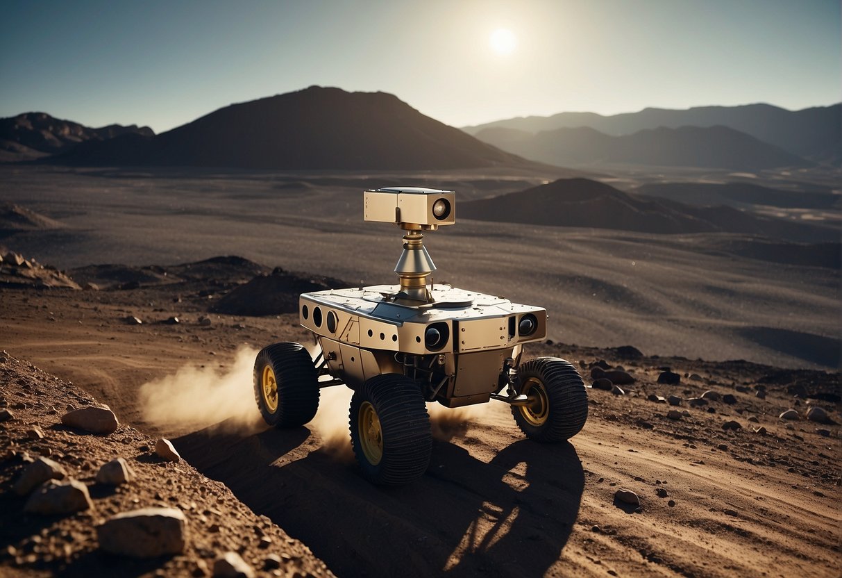 A lunar rover navigates a rugged, cratered landscape, with Earth visible in the sky. A futuristic base sits in the distance, as a sense of awe and wonder fills the scene