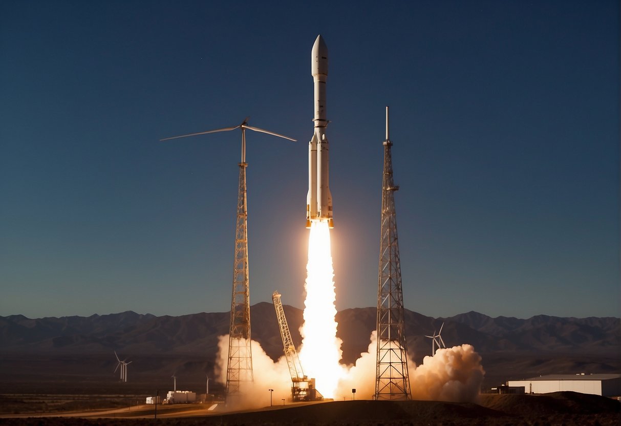 A rocket launches from Earth, carrying solar panels and wind turbines to a distant planet. The panels and turbines are deployed, harnessing the planet's natural resources for renewable energy