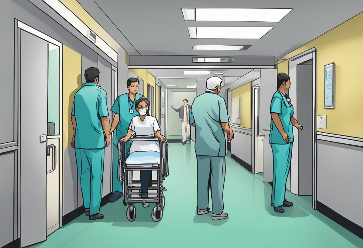 A person being escorted into a hospital room by medical staff, with concerned family members looking on from the hallway