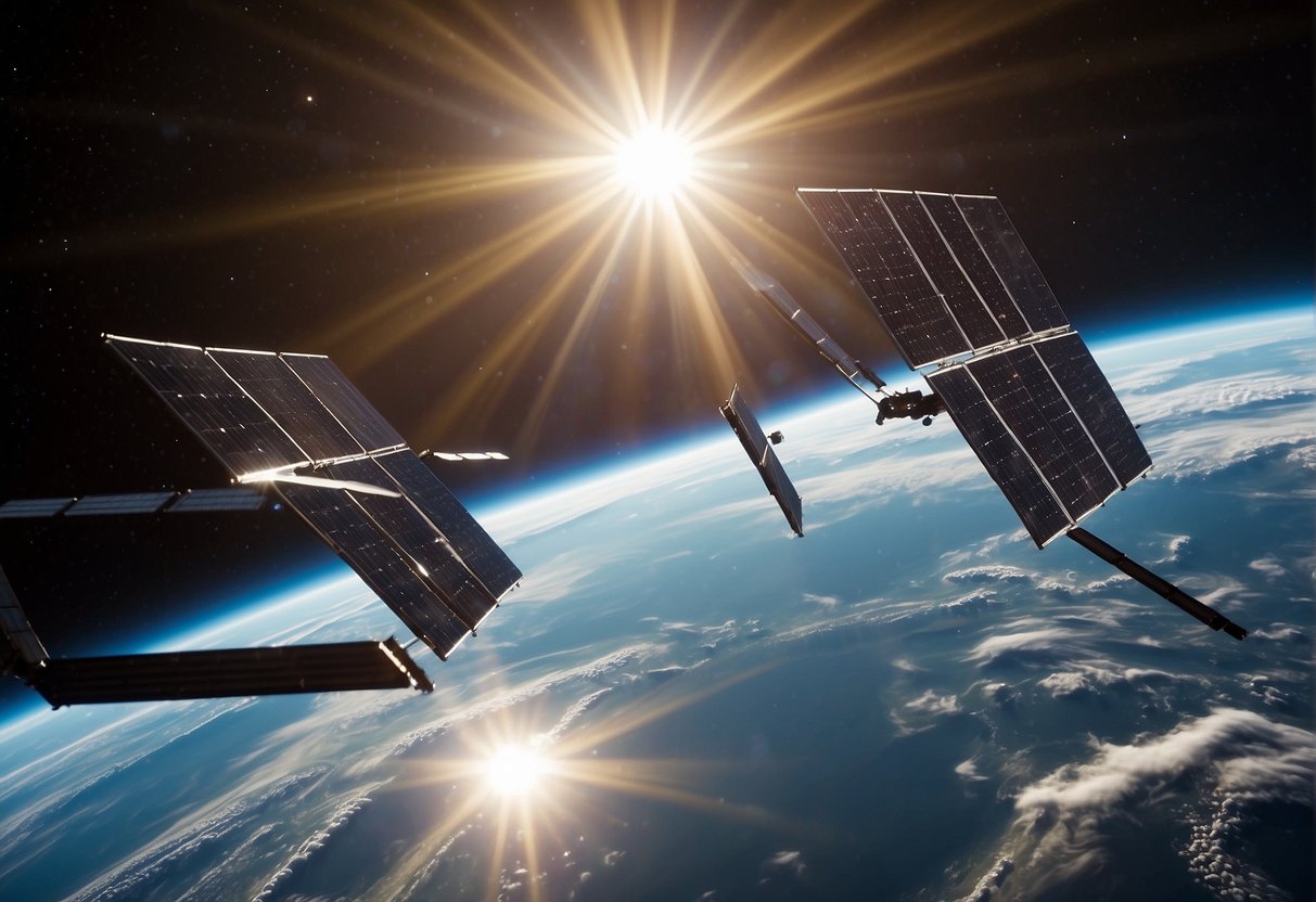Solar panels gleam in the sunlight, powering a space station orbiting Earth. Advanced technology harnesses renewable energy from the cosmos