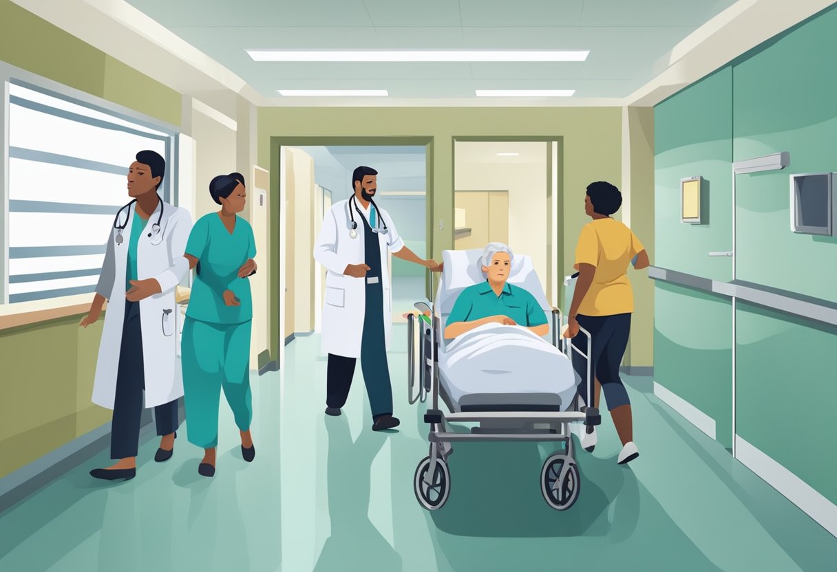 A patient being escorted into a hospital room by medical staff, with concerned family members looking on from a distance