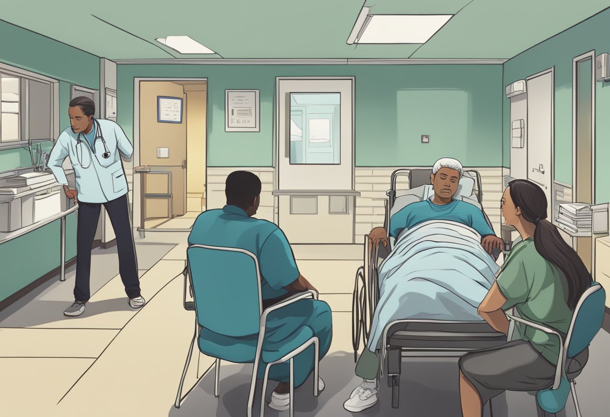 A person being forcefully admitted into a mental health facility, with concerned family members and medical staff in the background