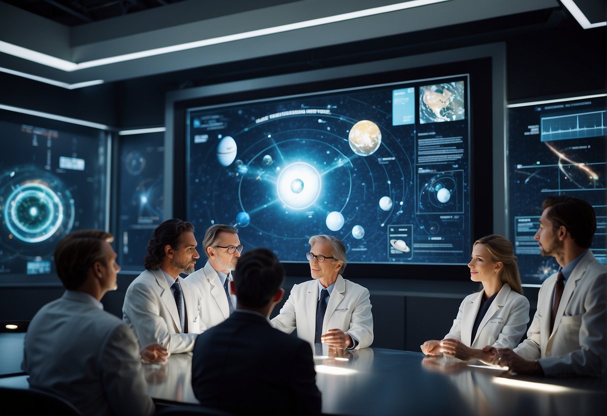 A group of scientists gather around a holographic display, discussing the future of space exploration and international policies. A map of the solar system hangs on the wall behind them