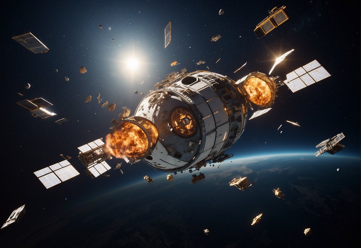 A cluttered orbit with various sizes of space debris orbiting Earth, posing a threat to future missions. Debris includes defunct satellites, rocket stages, and fragments. Mitigation strategies include active debris removal and collision avoidance