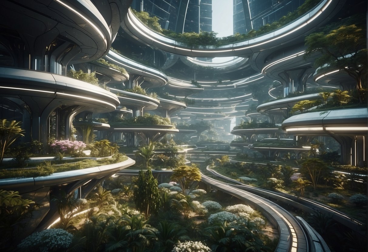 A futuristic space colony with sustainable habitats, advanced technology, and diverse population