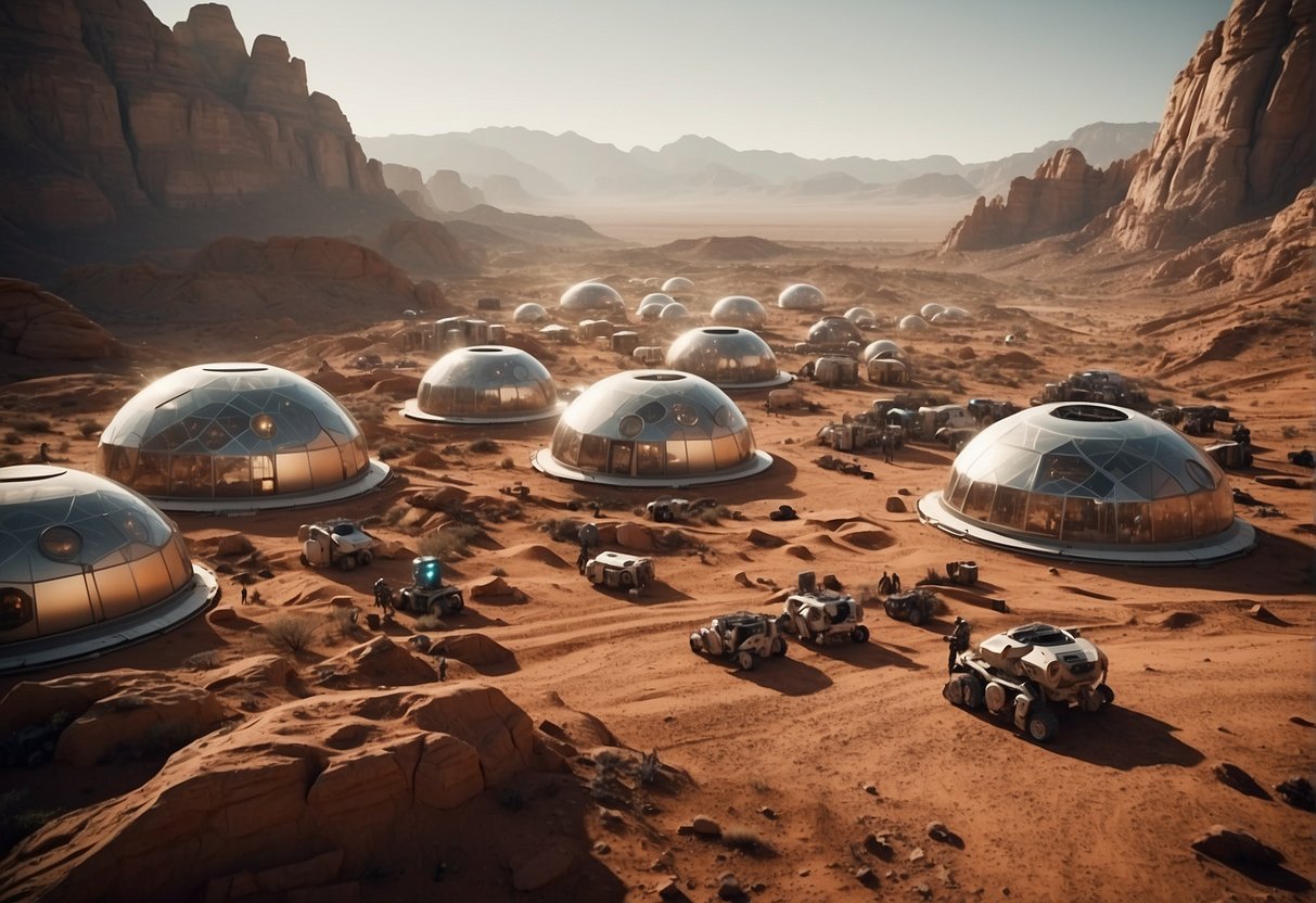 A bustling Martian colony with domed habitats, solar panels, and rovers exploring the rugged terrain. Ethical debates and human rights concerns echo through the bustling settlement