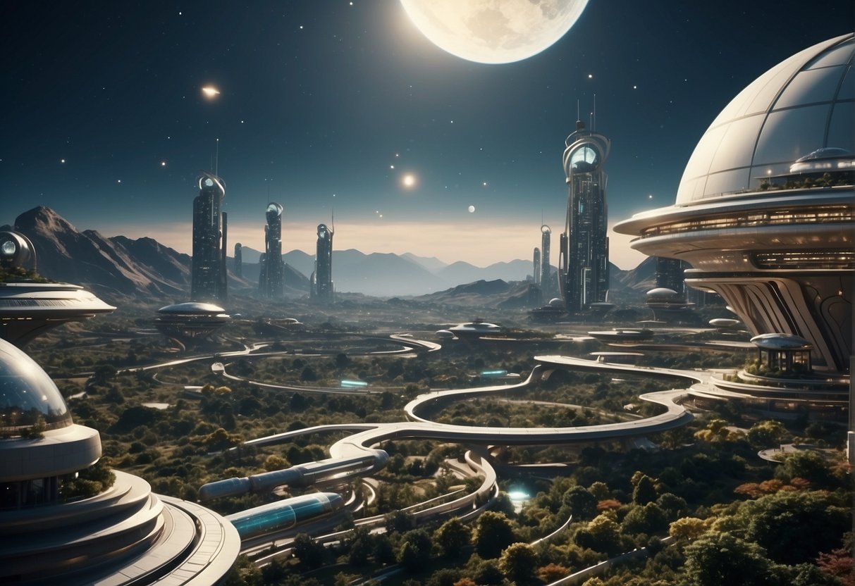 A futuristic space colony with advanced technology and sustainable innovations, surrounded by the vastness of outer space