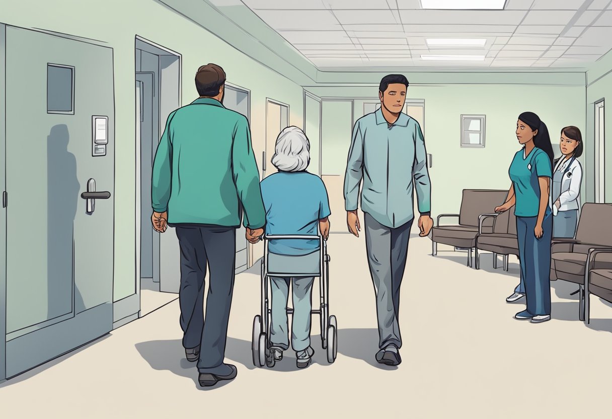 Como Conseguir Internação Involuntária Gratuita: Guia Prático de Acesso 2 A person being escorted into a mental health facility by medical professionals, with concerned family members looking on