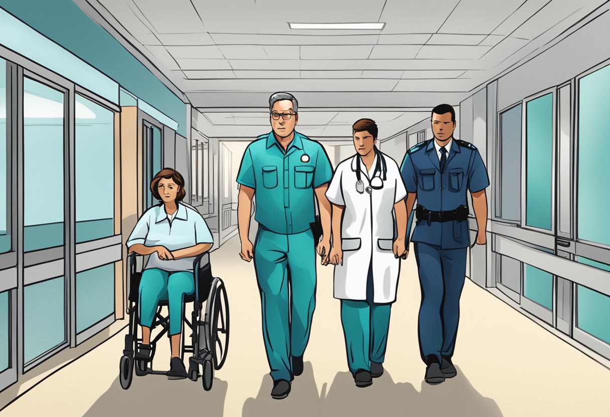 Como Conseguir Internação Involuntária Gratuita: Guia Prático de Acesso 5 A person being escorted into a hospital by two security guards, with a concerned family member looking on