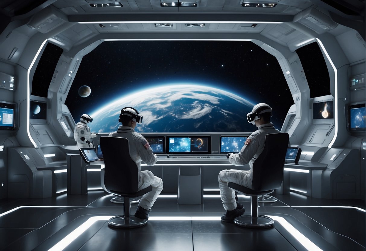 Astronauts use VR and AR to collaborate in a futuristic space station, manipulating holographic displays and interacting with virtual objects