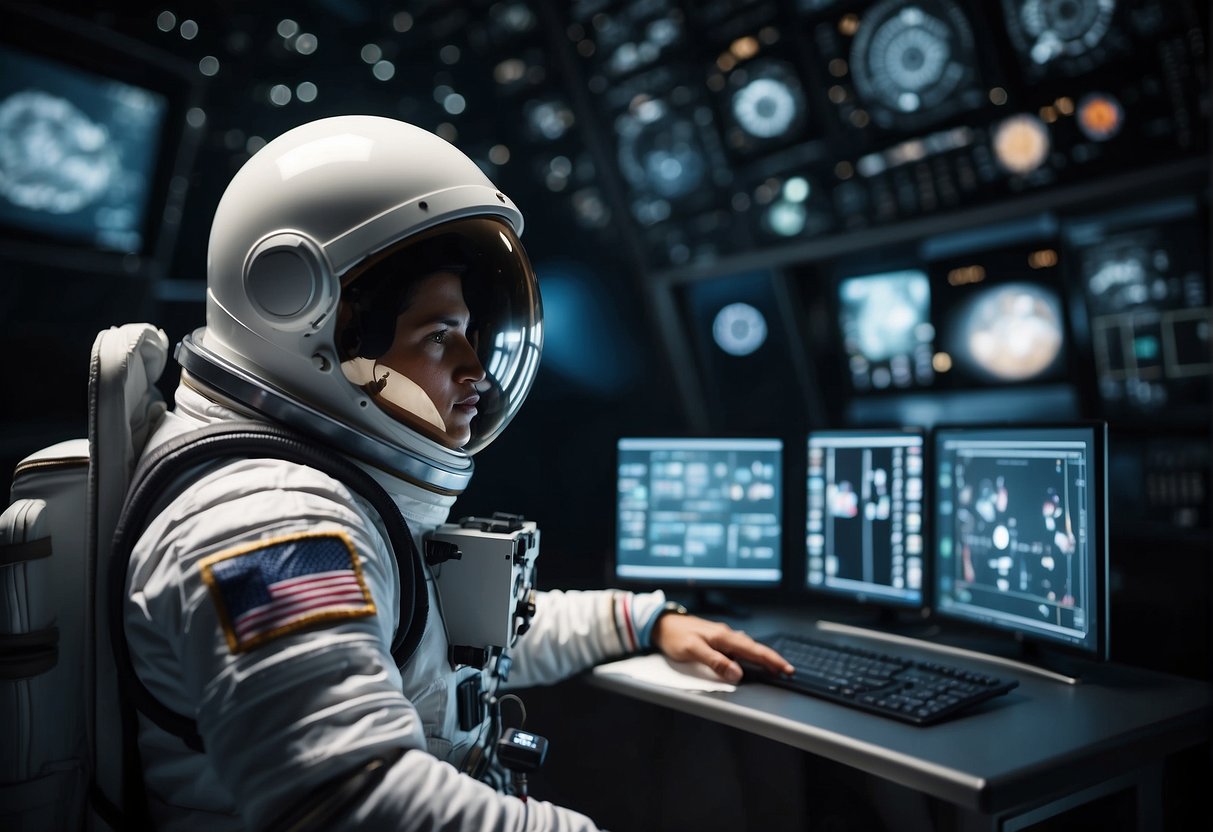 Astronaut interacts with virtual environment, monitoring vital signs and mental well-being. Technology aids in long-term space missions